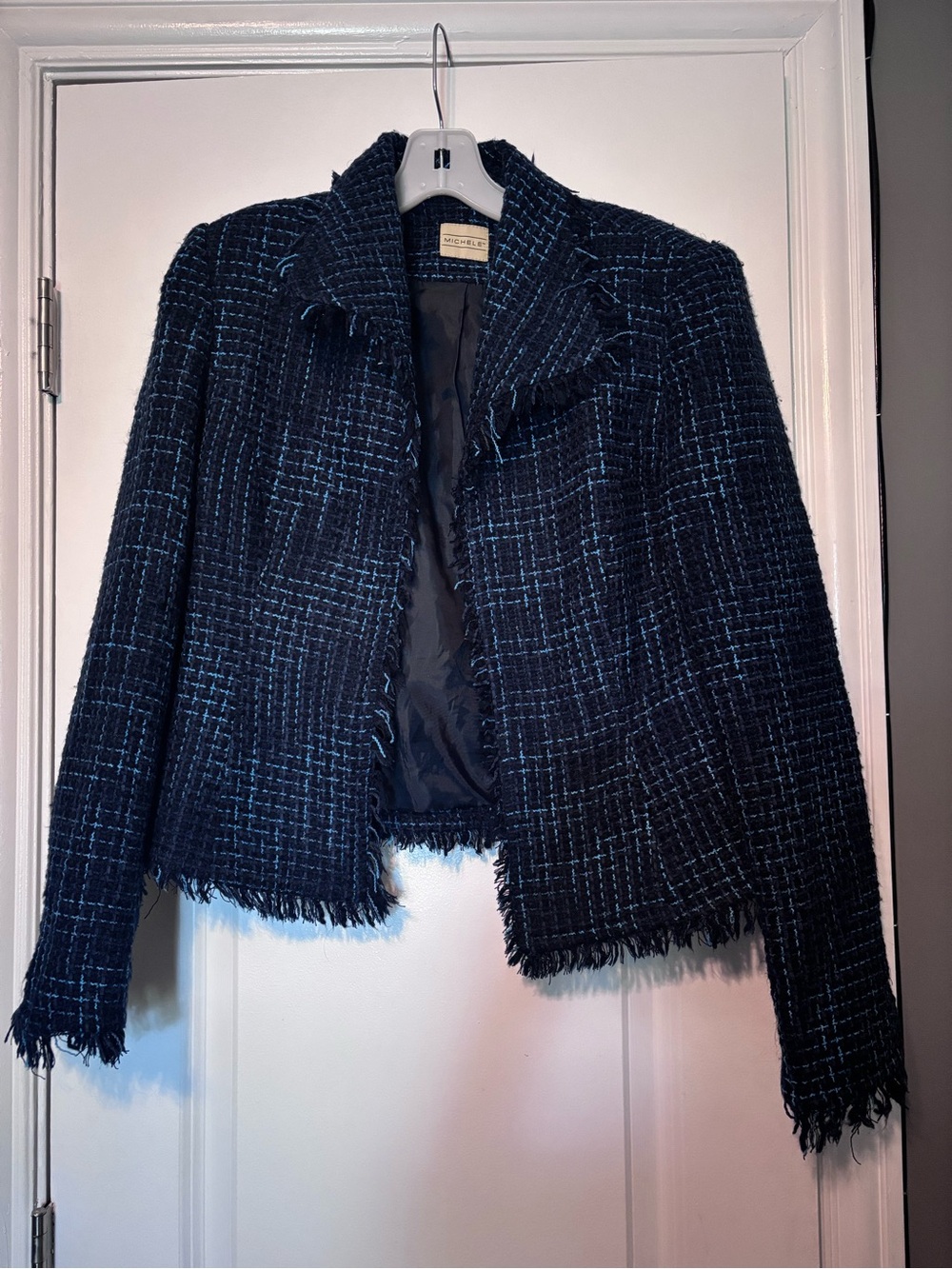Michele Navy Tweed Frayed Hem Jacket Size 12